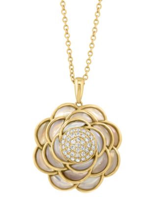 EFFY Collection - Mother of Pearl & Diamond (1/5 ct. t.w.) Flower Pendant Necklace in 14k Gold, 17" + 1" extender