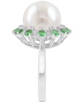 EFFY&reg; Cultured Freshwater Pearl (11mm), Green & White Diamond (1-1/5 ct. t.w.) Statement Ring in 14k White Gold