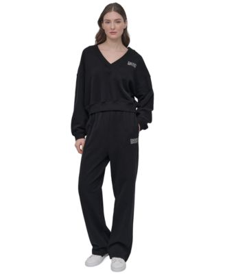 Women's Rhinestone-Logo V-Neck Pullover Top