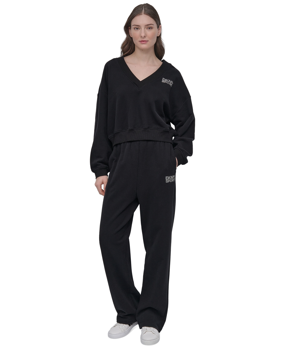 Dkny Sport Women's Rhinestone-logo V-neck Pullover Top In Black
