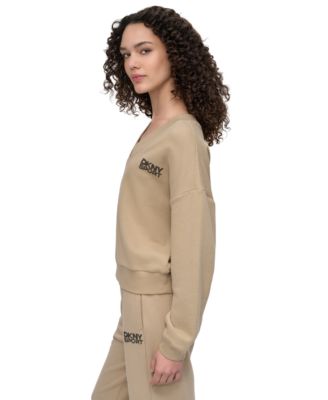 Women's Rhinestone-Logo V-Neck Pullover Top