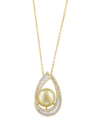 EFFY&reg; Cultured Golden South Sea Pearl (10mm) & Diamond (1-1/4 ct. t.w.) Pendant Necklace in 14k Yellow Gold, 17" + 1" extender