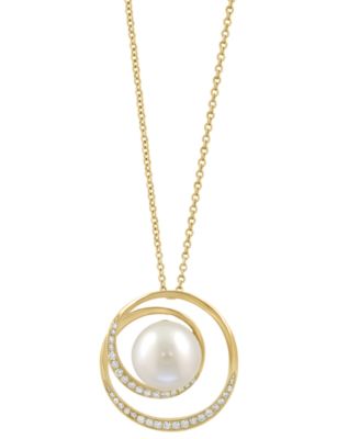 EFFY&reg; Cultured Freshwater Pearl (9-1/2mm) & Diamond (1/5 ct. t.w.) Pendant Necklace in 14k Yellow Gold, 17" + 1" extender 
