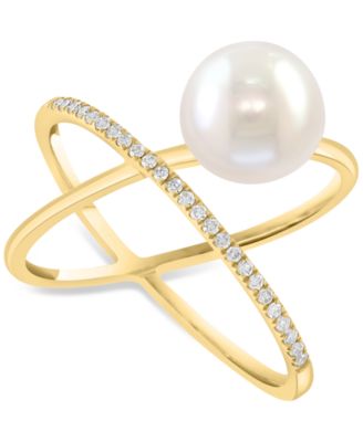 EFFY Collection - Cultured Freshwater Pearl (8-1/2mm) & Diamond (1/10 ct. t.w.) Criss Cross Ring in 14k Yellow Gold