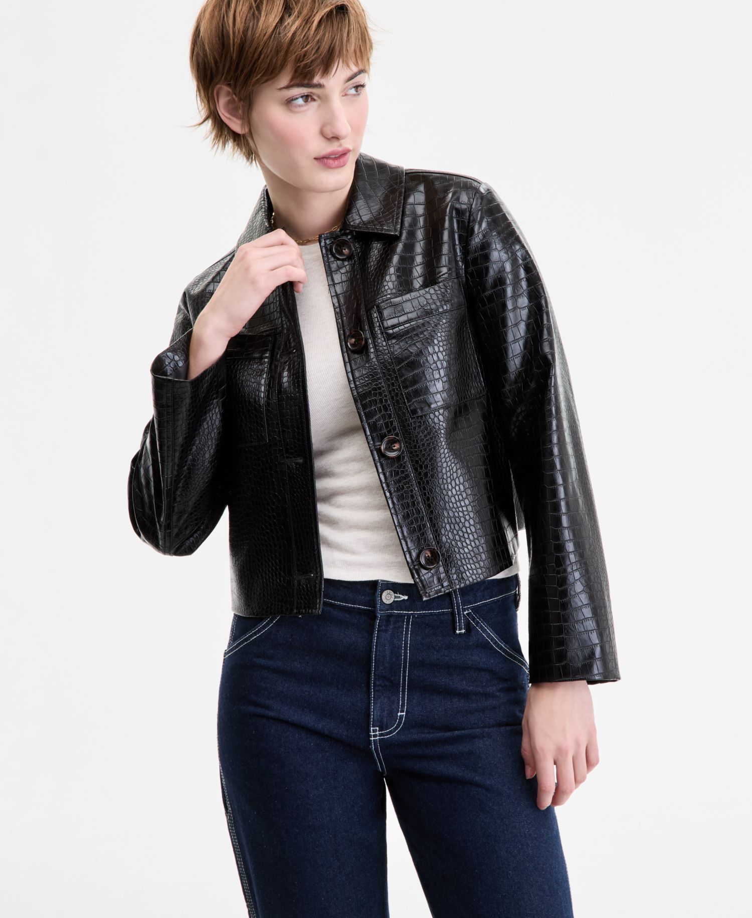 Juniors' Croc-Embossed Faux-Leather Barn Jacket