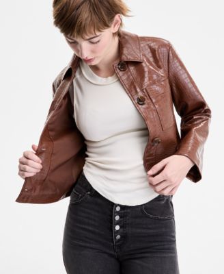 Juniors' Croc-Embossed Faux-Leather Barn Jacket