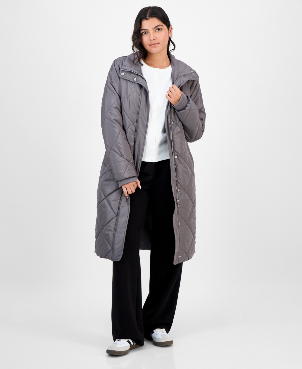 Coffeeshop Juniors' Shawl-collar Quilted Coat In Gray