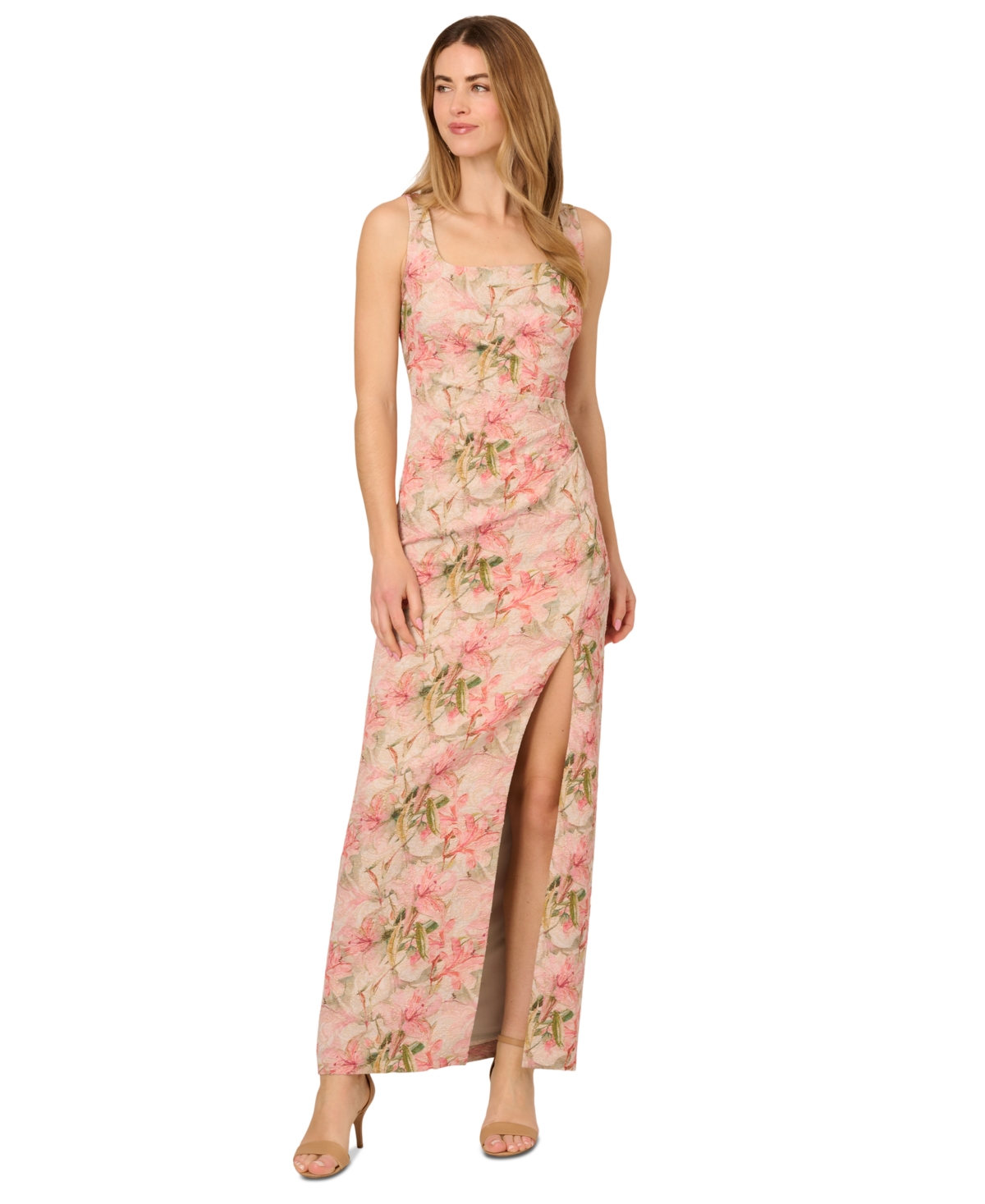 ADRIANNA PAPELL WOMEN'S JACQUARD HIGH-SLIT COLUMN GOWN 