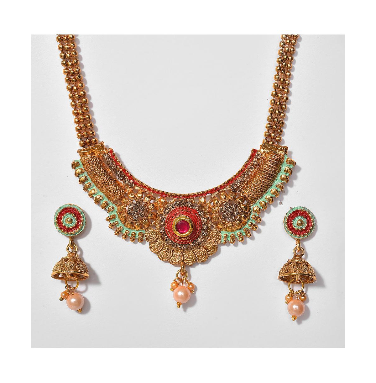 Sohi Gold-plated Blue Stone Studded Beaded Jewellery Set In Red