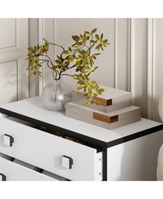 Bedside table with three drawers, side table with square handles, white wooden end table, suitable for bedrooms, living rooms, offices