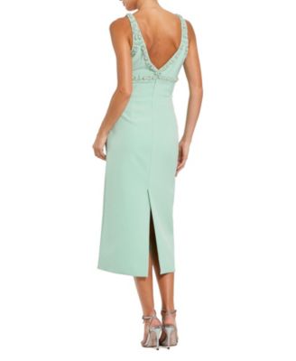 Women's Crepe Fitted Midi Dress With Bow And Beaded Trim