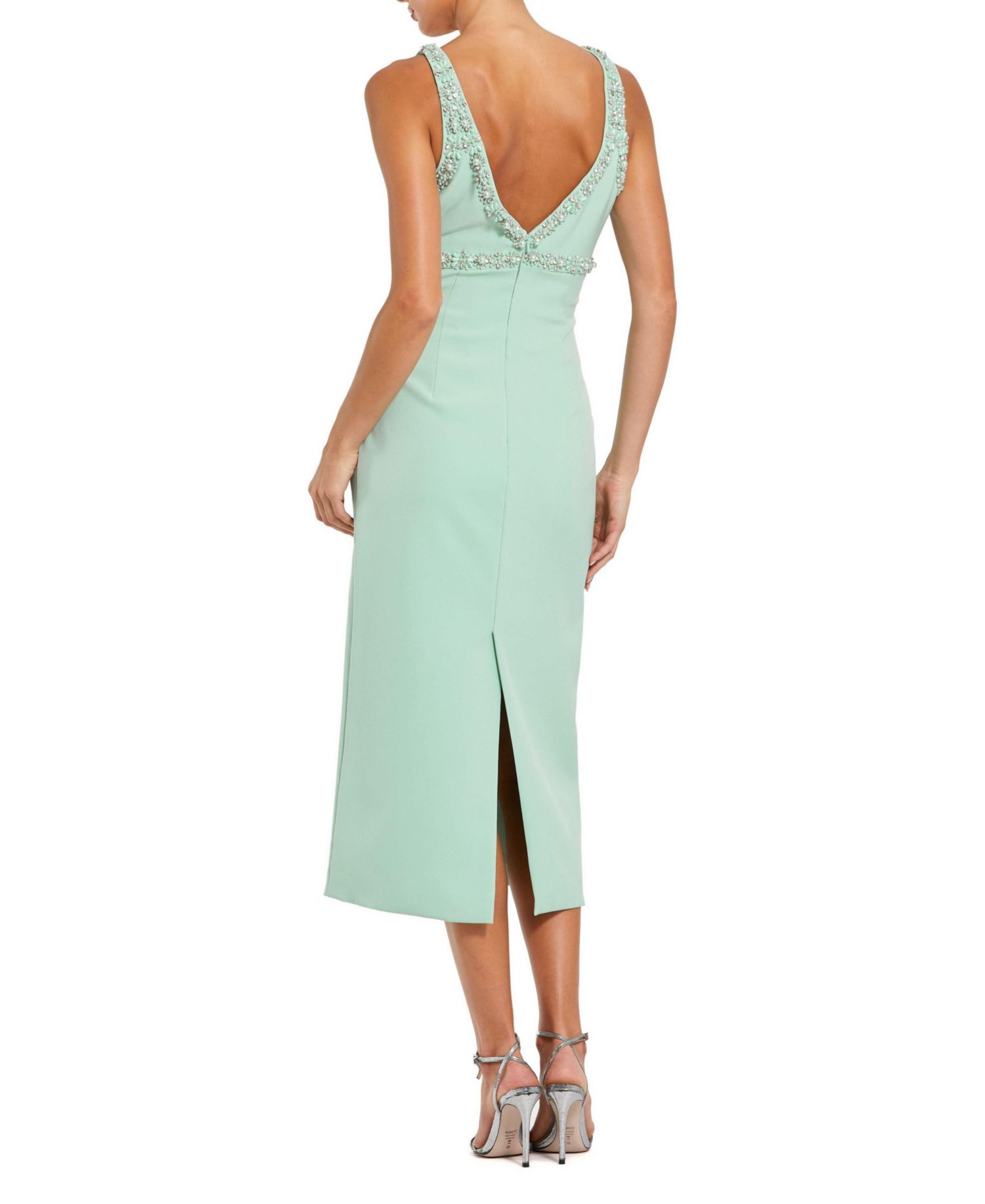 Women's Crepe Fitted Midi Dress With Bow And Beaded Trim