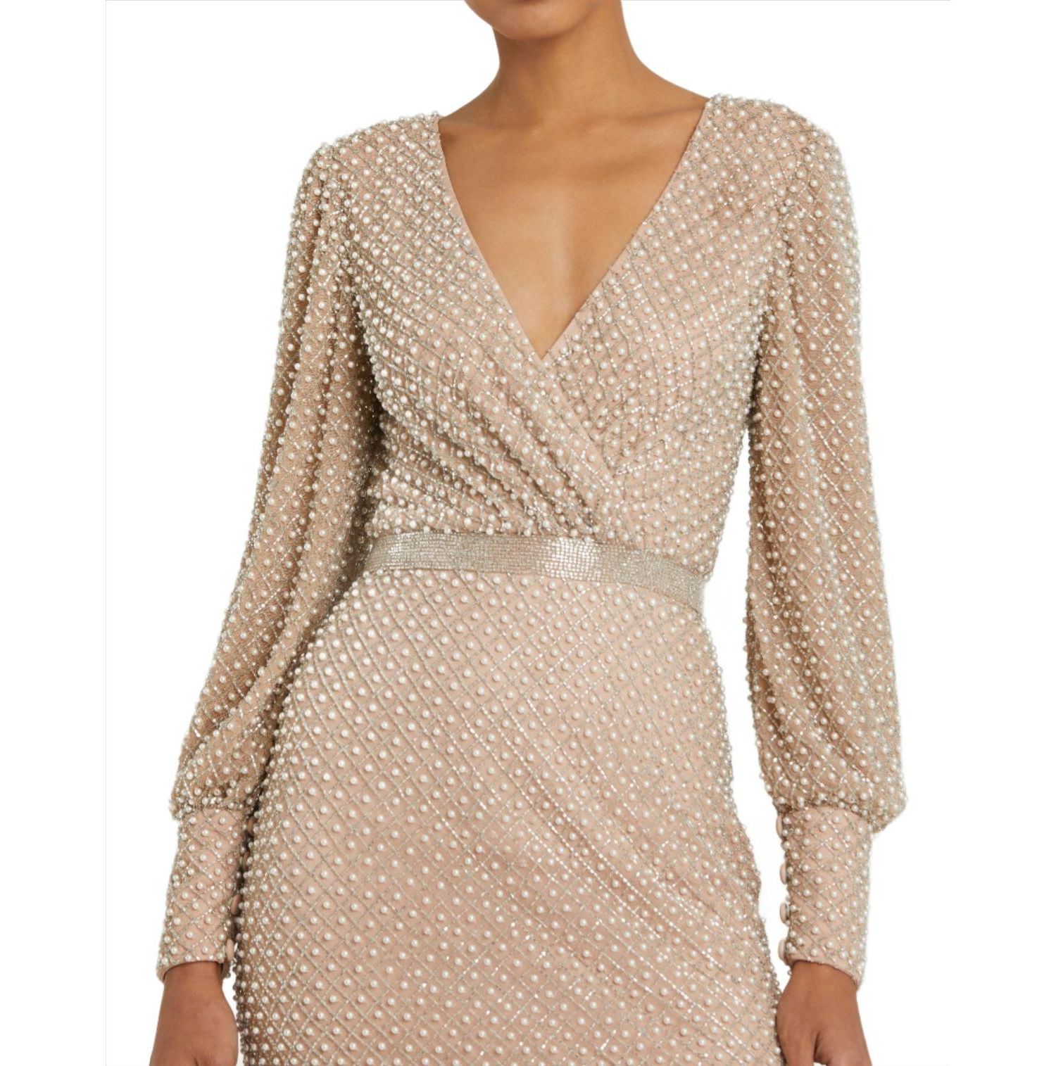 Women's Wrap Over Bishop Sleeve Gown With Pearl Beading