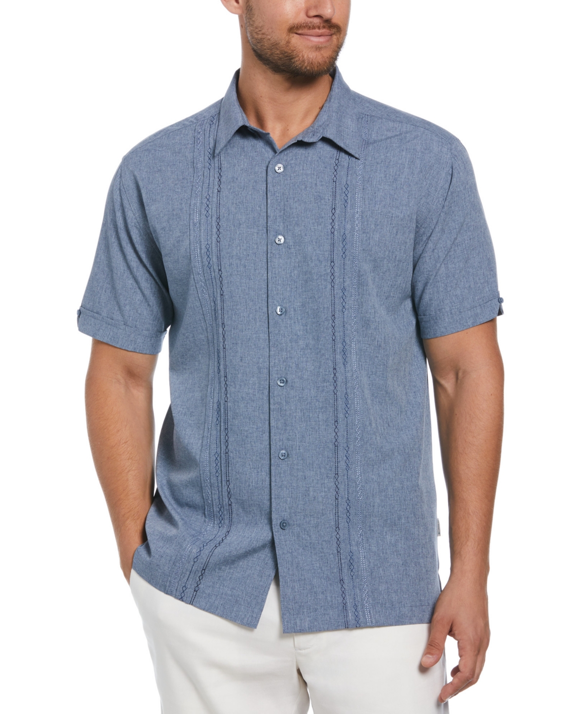 Men's Geo Embroidered Panel Chambray Shirt - Delphinium Blue