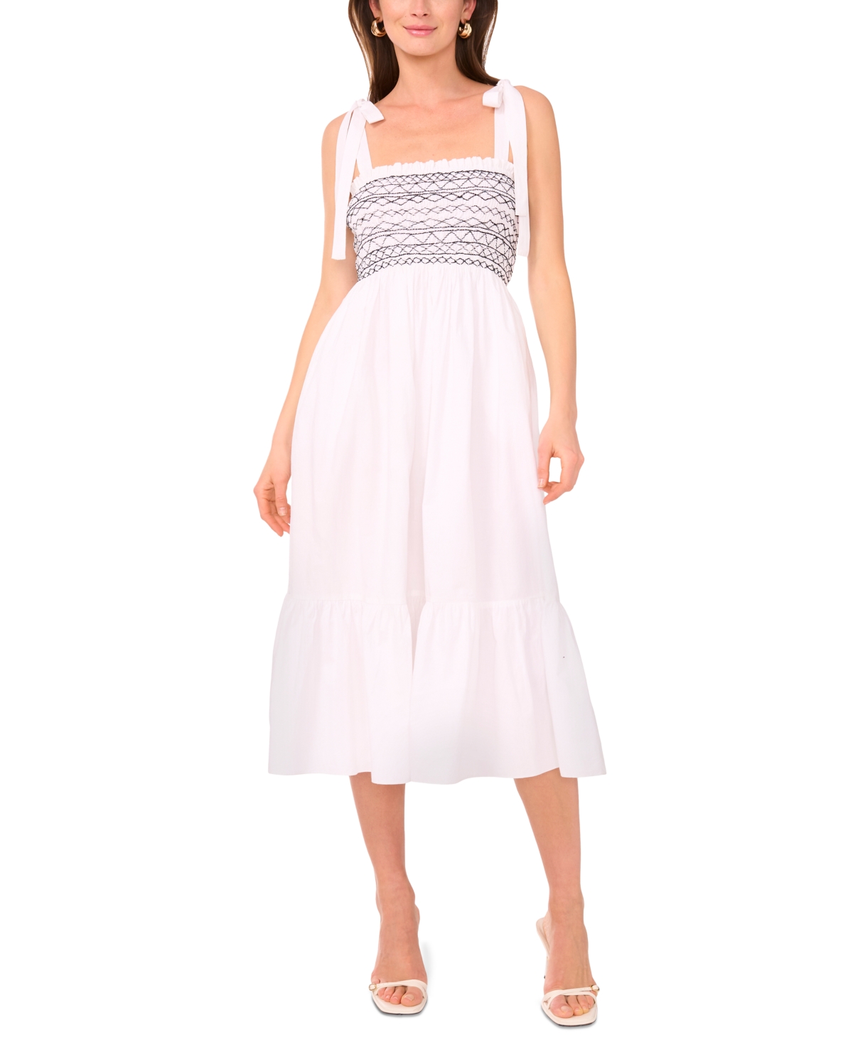 Women's Cotton Tie-Shoulder Smocked Midi Dress - Ultra White