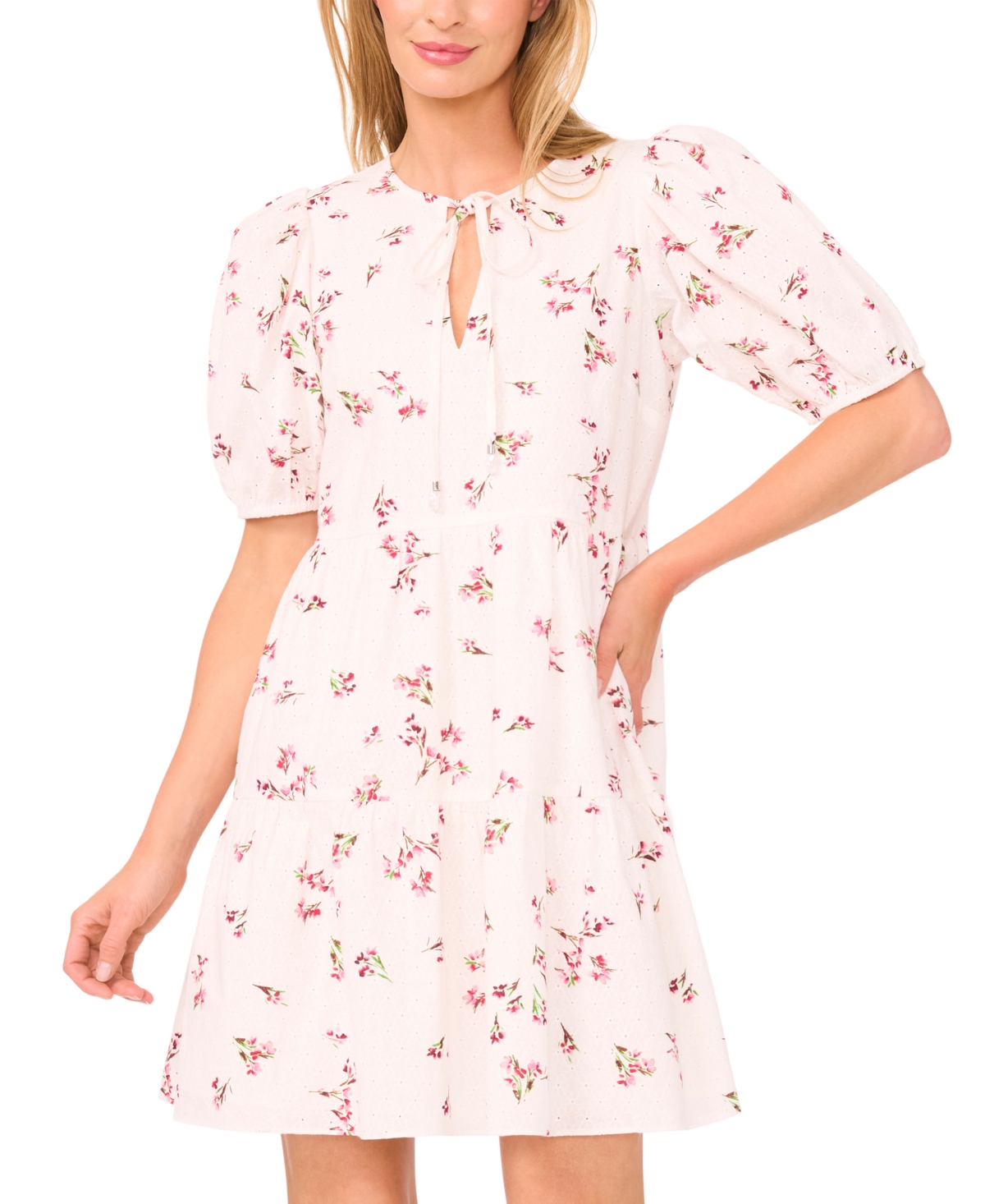 Shop Cece Women's Printed Cotton Eyelet Puff-sleeve A-line Dress