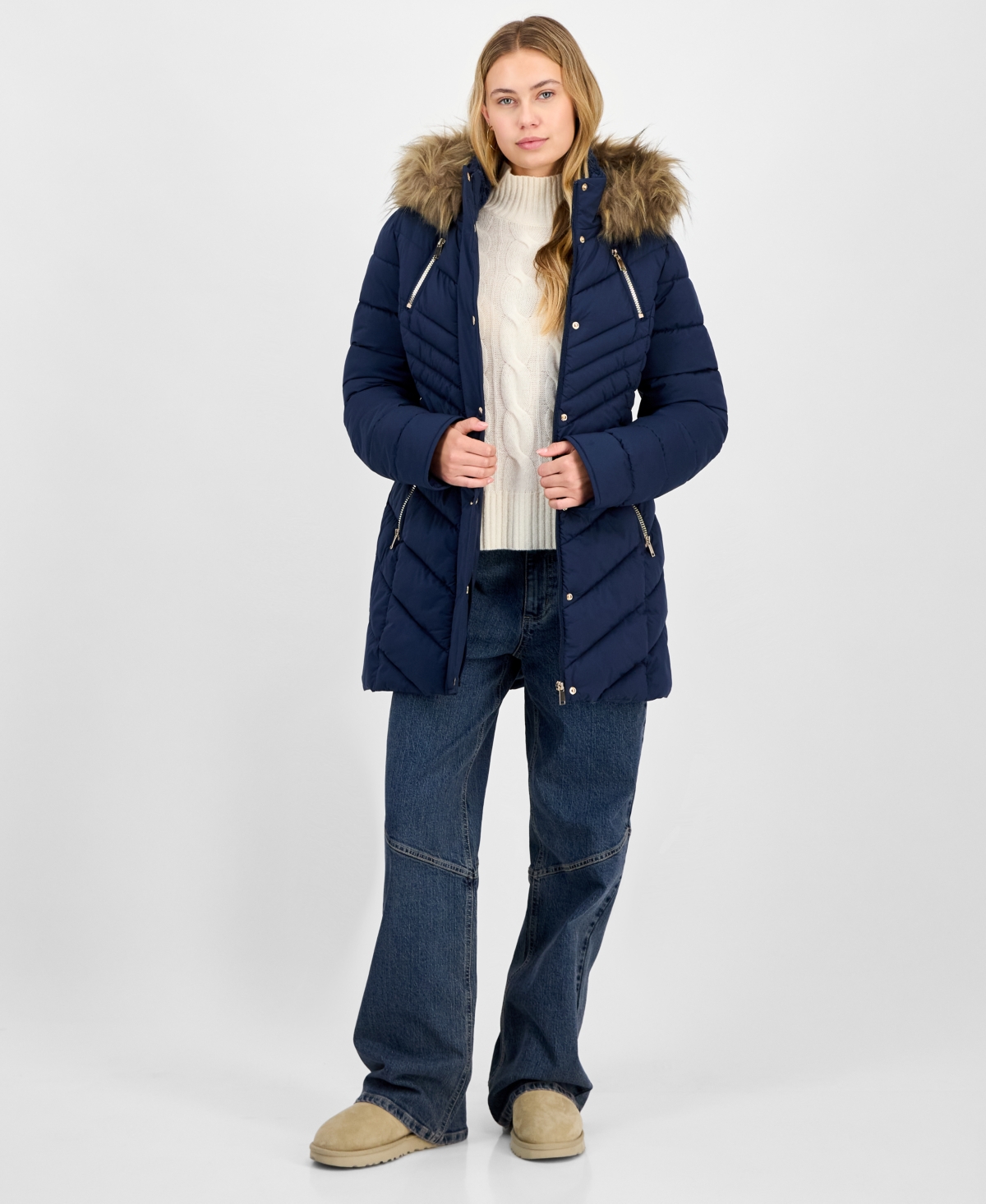 Maralyn & Me Juniors' Faux-fur Hooded Puffer Coat In Blue