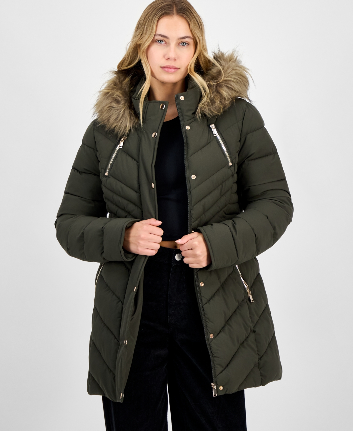 Maralyn & Me Juniors' Plus Size Faux-fur Hooded Puffer Coat In Green