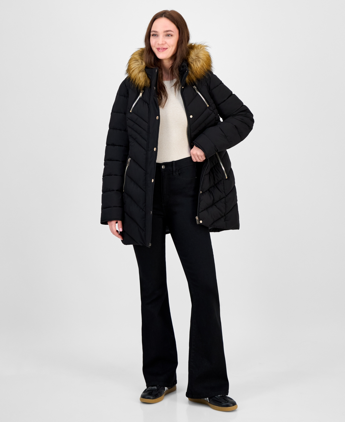 Maralyn & Me Juniors' Faux-fur Hooded Puffer Coat In Black