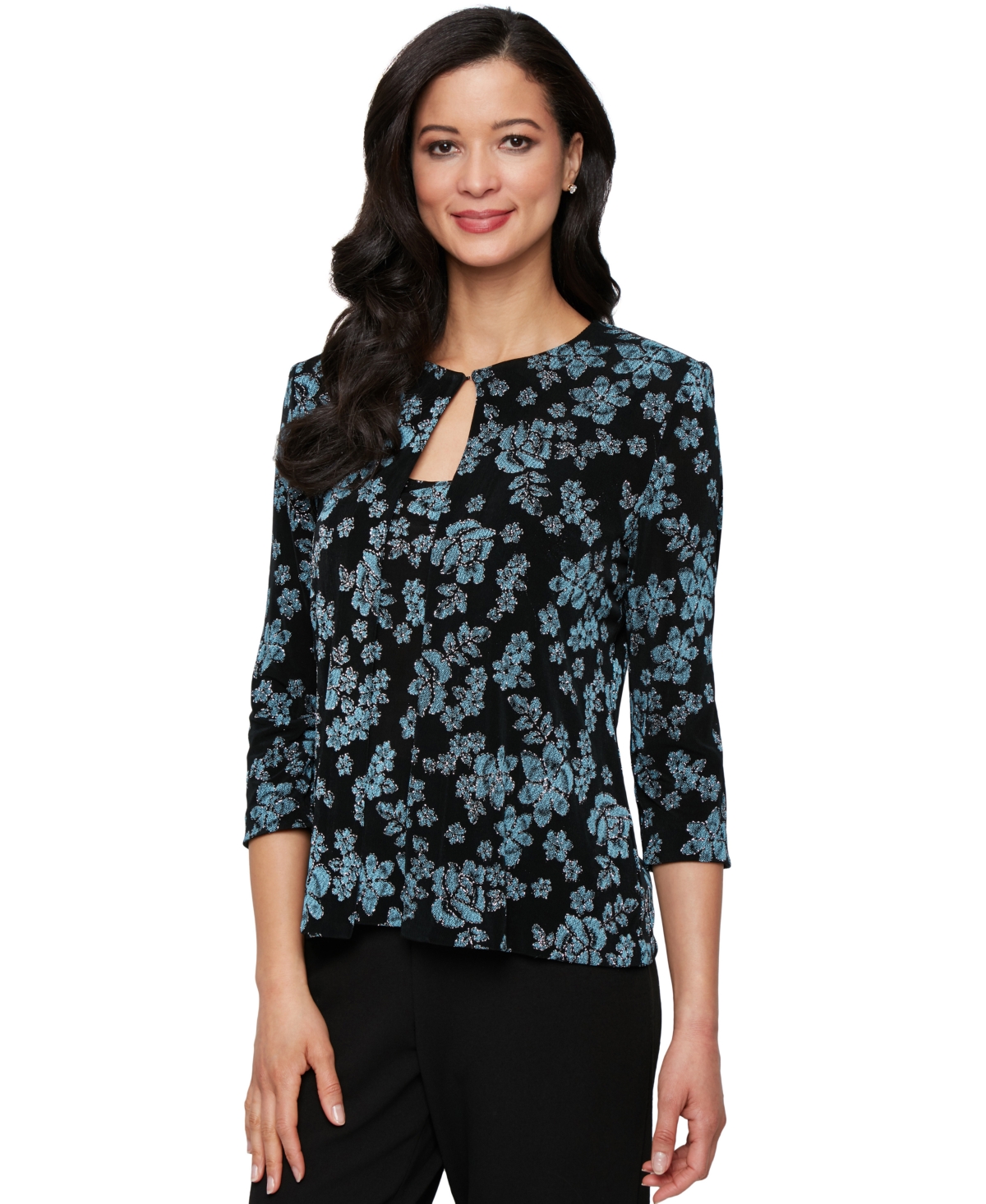 Women's Printed Glitter-Knit Scoop-Neck Tank Top & Jacket - Black Aqua