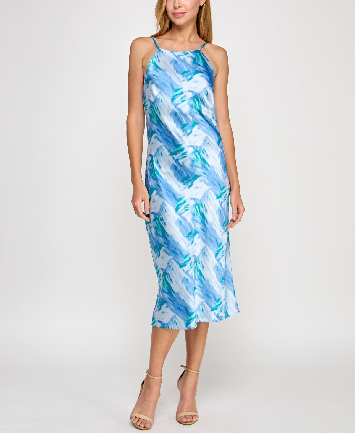Juniors' Printed Satin High-Neck Sleeveless Midi Dress - Blue