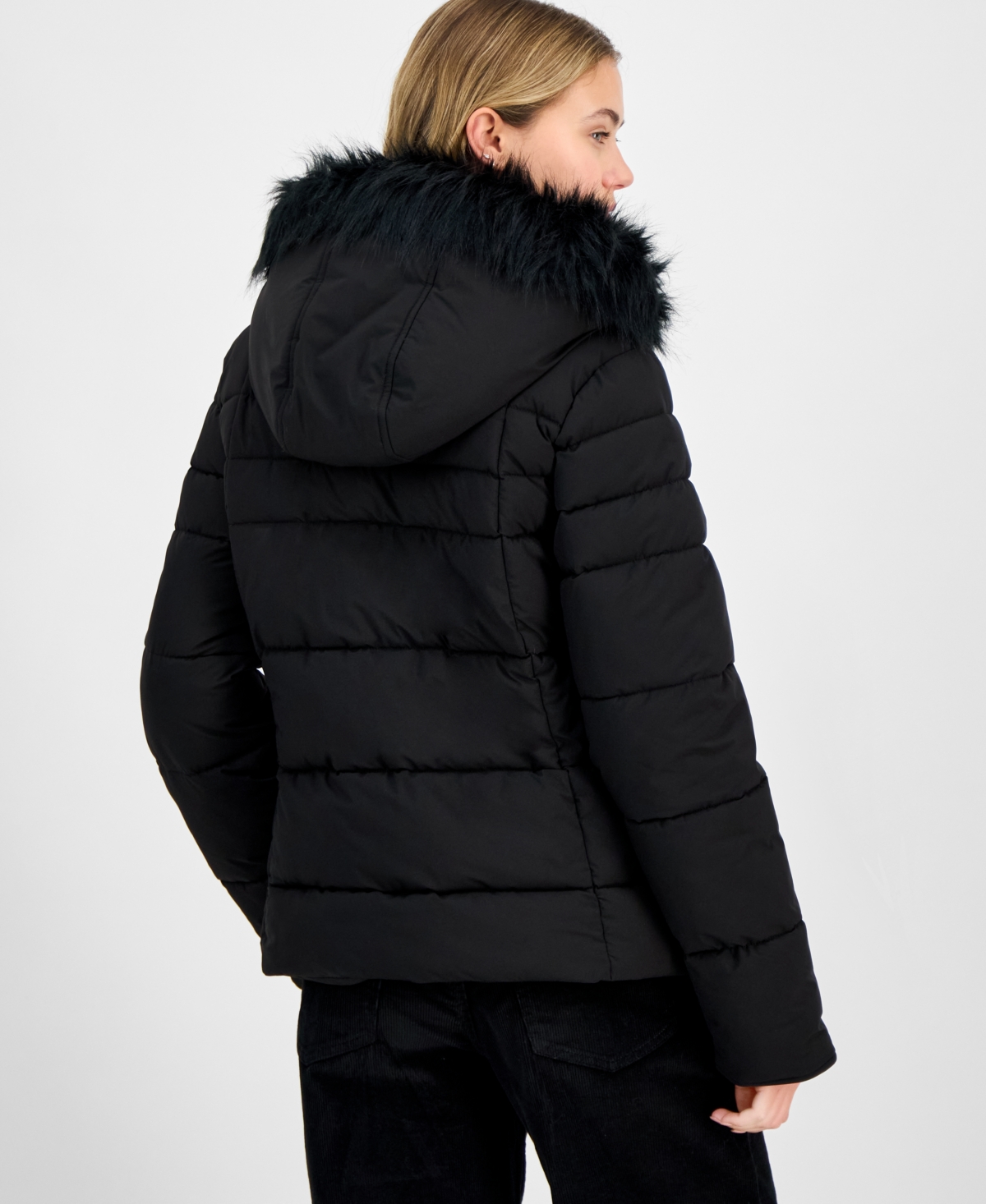 Maralyn & Me Juniors' Faux-fur Hooded Puffer Coat In Black