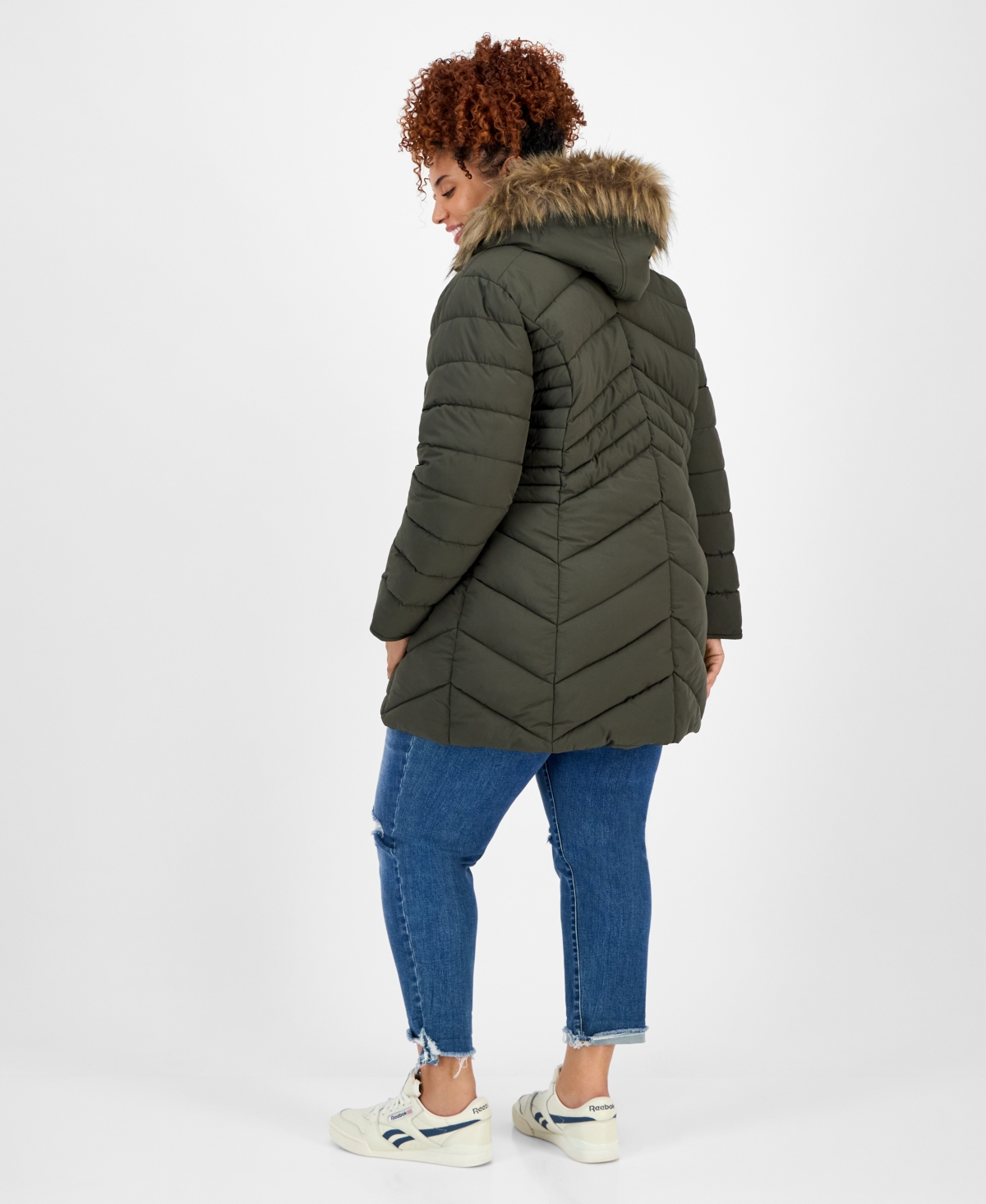 Maralyn & Me Juniors' Plus Size Faux-fur Hooded Puffer Coat In Green