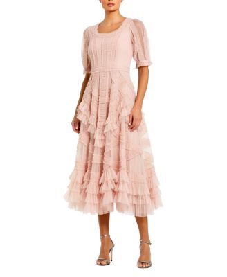 Women's Short Sleeve Mesh Mirco Ruffle Midi Dress