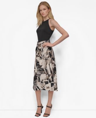 Women's Mixed-Media Tie-Front Midi Dress