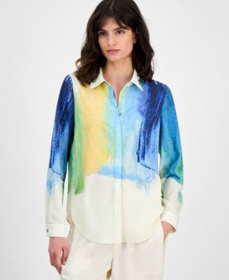 T Tahari - Women's Watercolor-Print Long-Sleeve Blouse