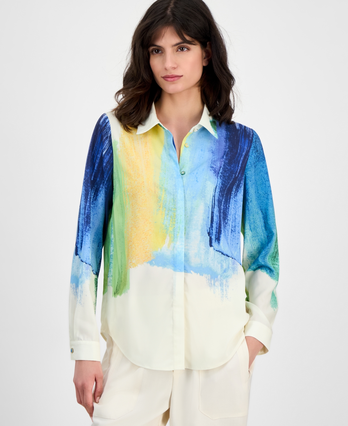 T Tahari Women's Watercolor-print Long-sleeve Blouse