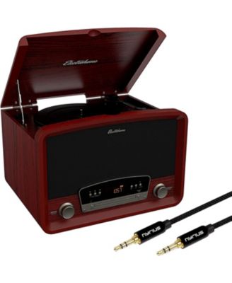 7-in-1 vintage stereo system with 3-speed turntable, Bluetooth, AM/FM, CD, Aux/RCA/headphone out, bonus 3.5mm cable, RR75