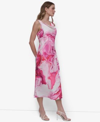 Women's Printed Cowlneck Sleeveless Midi Dress