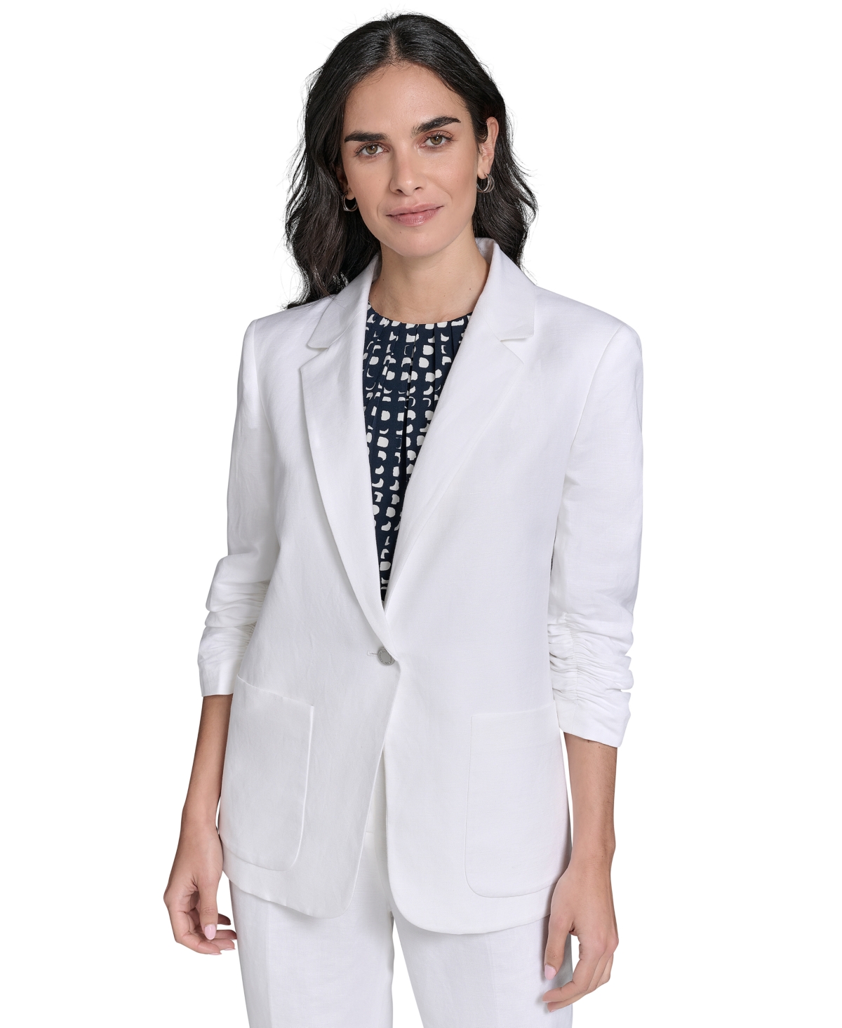 Calvin Klein Petite Ruched-sleeve Linen-blend Blazer