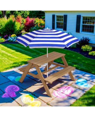 Kids Wooden Picnic Table, Outdoor Activity Table w/ Adjustable Umbrella, Seats