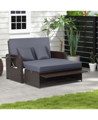 Patio Rattan Loveseat Set Daybed Lounge Storage Ottoman Side Tables Adjust