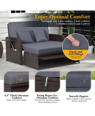 Patio Rattan Loveseat Set Daybed Lounge Storage Ottoman Side Tables Adjust