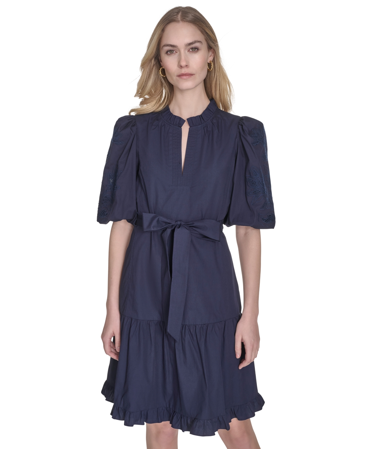 Vince Camuto Plus Size Cotton Puff-sleeve Tie-waist Dress In Blue