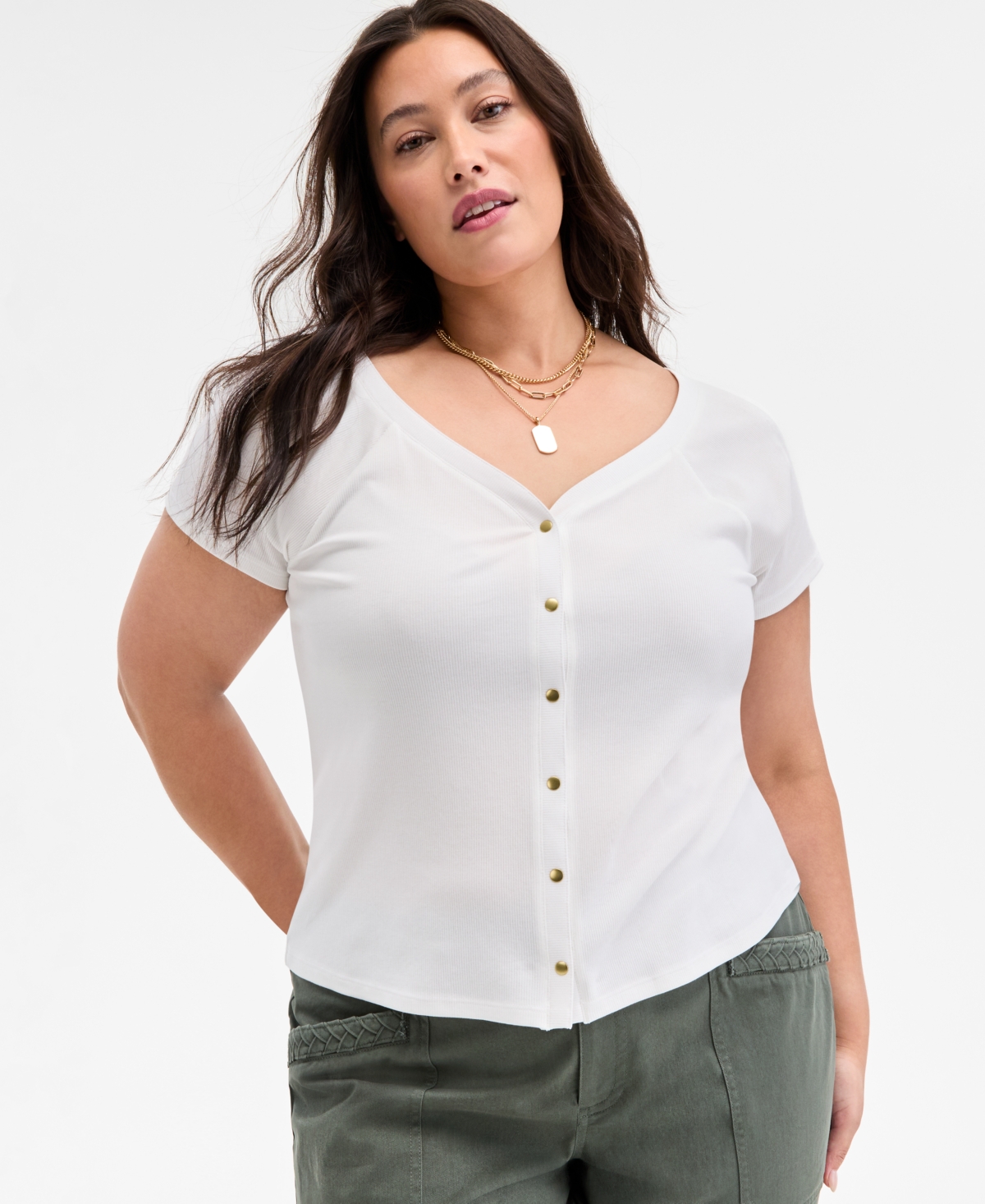 Trendy Plus Size Snap-Front T-Shirt, Exclusively at Macy's - Dark Bricks