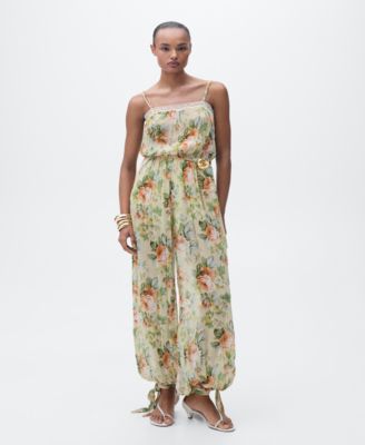 MANGO - Women's Puffed Hem Long Floral Jumpsuit