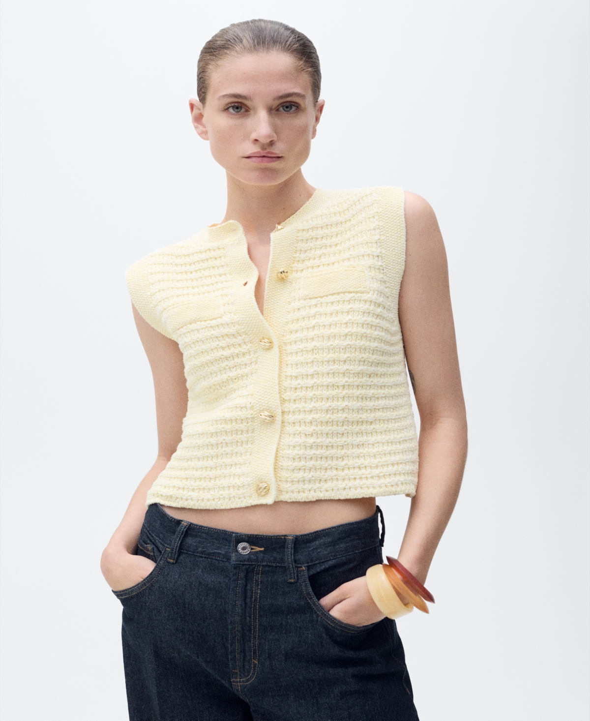 Women's Jewel Button Knitted Cardigan Sweater - Butter Yellow