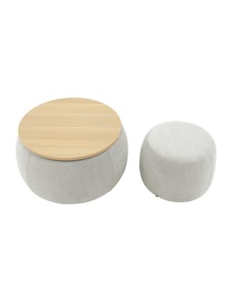 Multifunctional Round Ottoman Coffee Table with Wood Lid Hidden Seat and Storage for Bedroom or Living Room No Assembly Needed