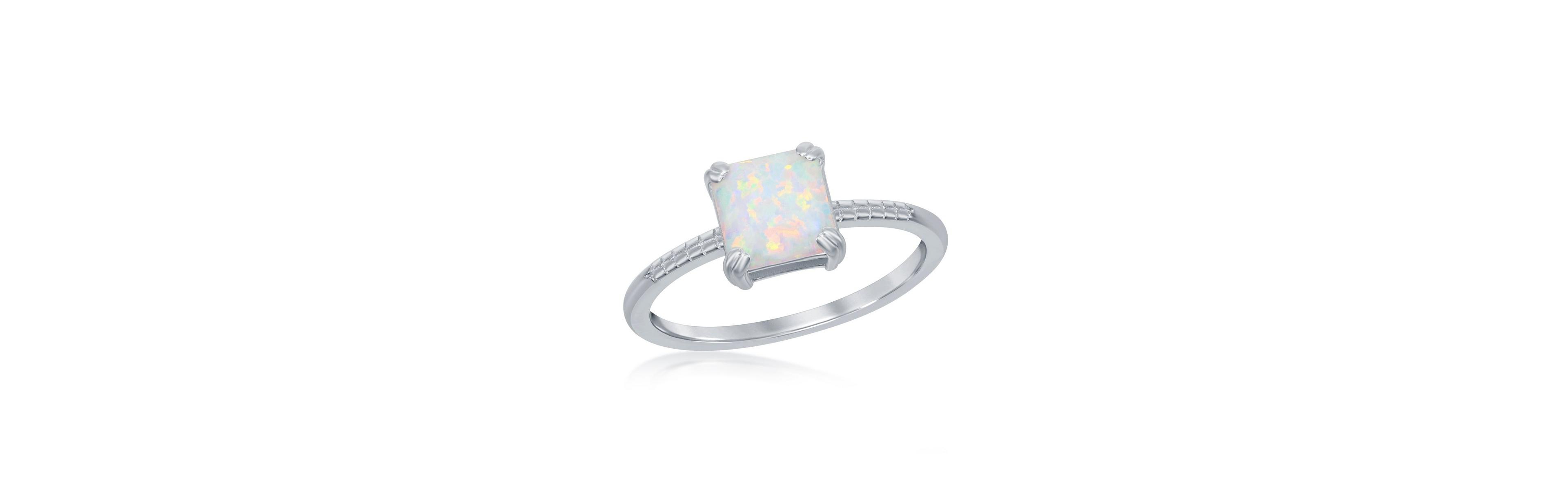 Sterling Silver Square White Synthetic Opal Beaded Band Ring