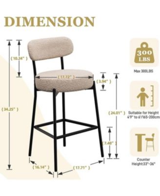 Set of 2,Metal/Fabric, 24 Inches Modern Counter Height Bar Stools with Curved Back, Upholstered Boucle Barstools for Kitchen Island, Cafe