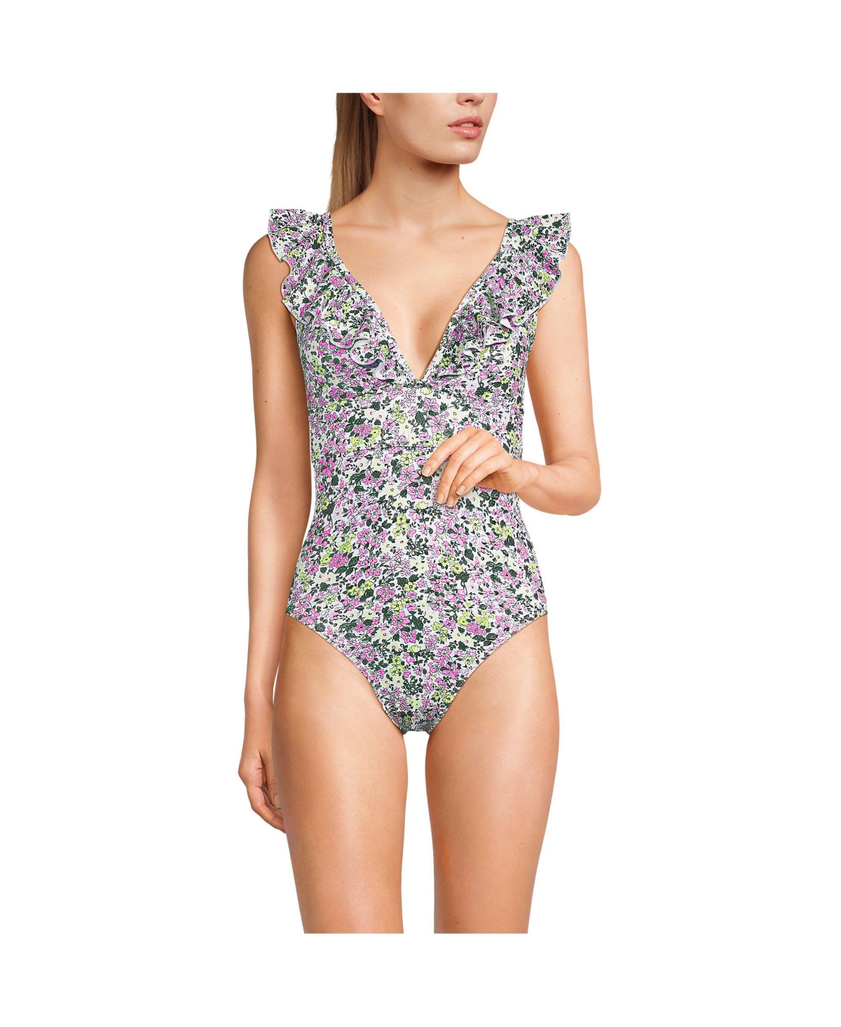 Women's Pique Ruffle One Piece Swimsuit - White multi ditsy floral