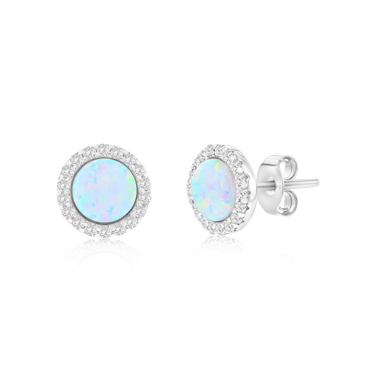 Sterling Silver White Synthetic Opal Round Halo, Cz Border Earrings - White