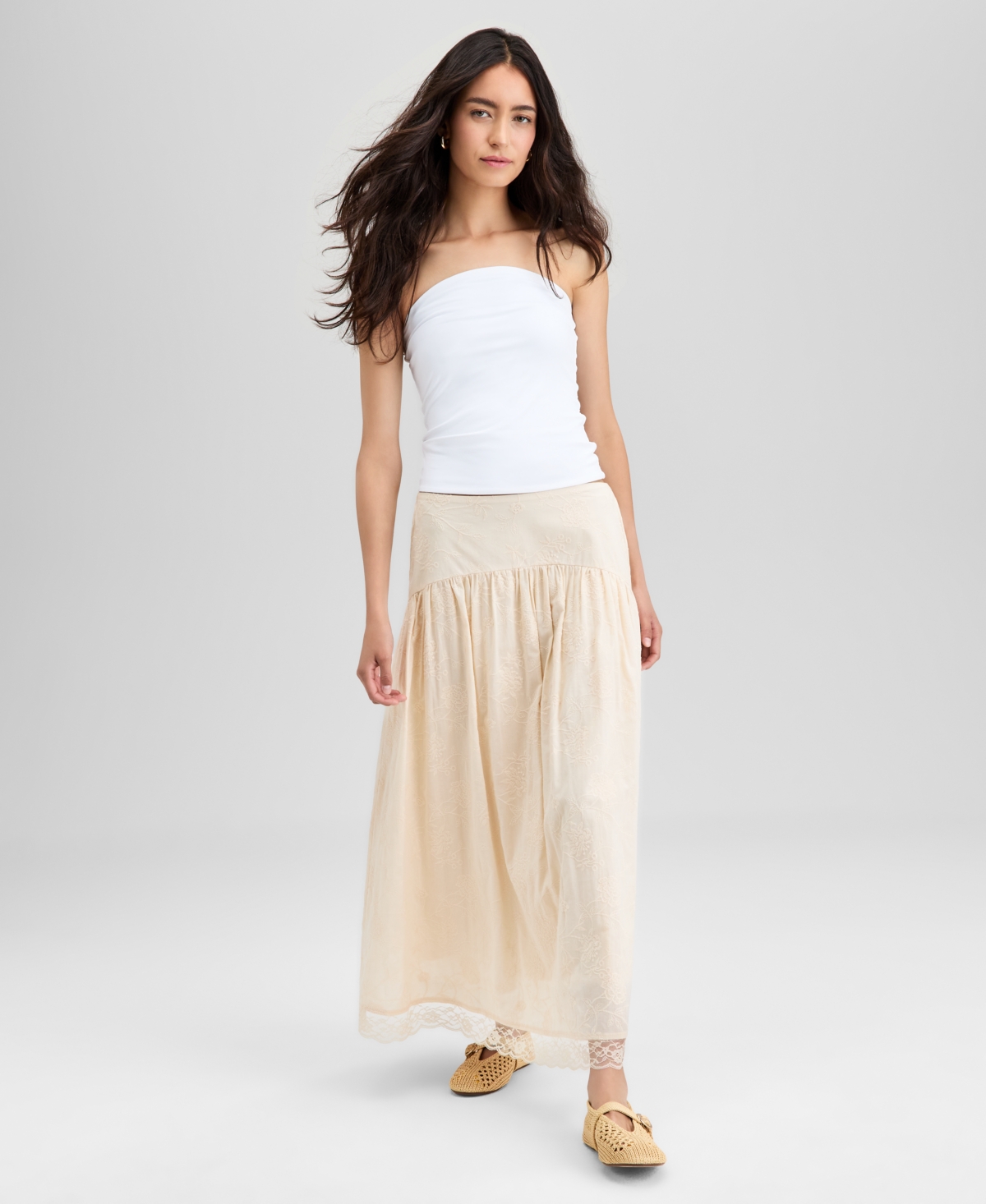 Women's Drop-Yoke Embroidered Maxi Skirt, Exclusively at Macy's - Deep Cranberry