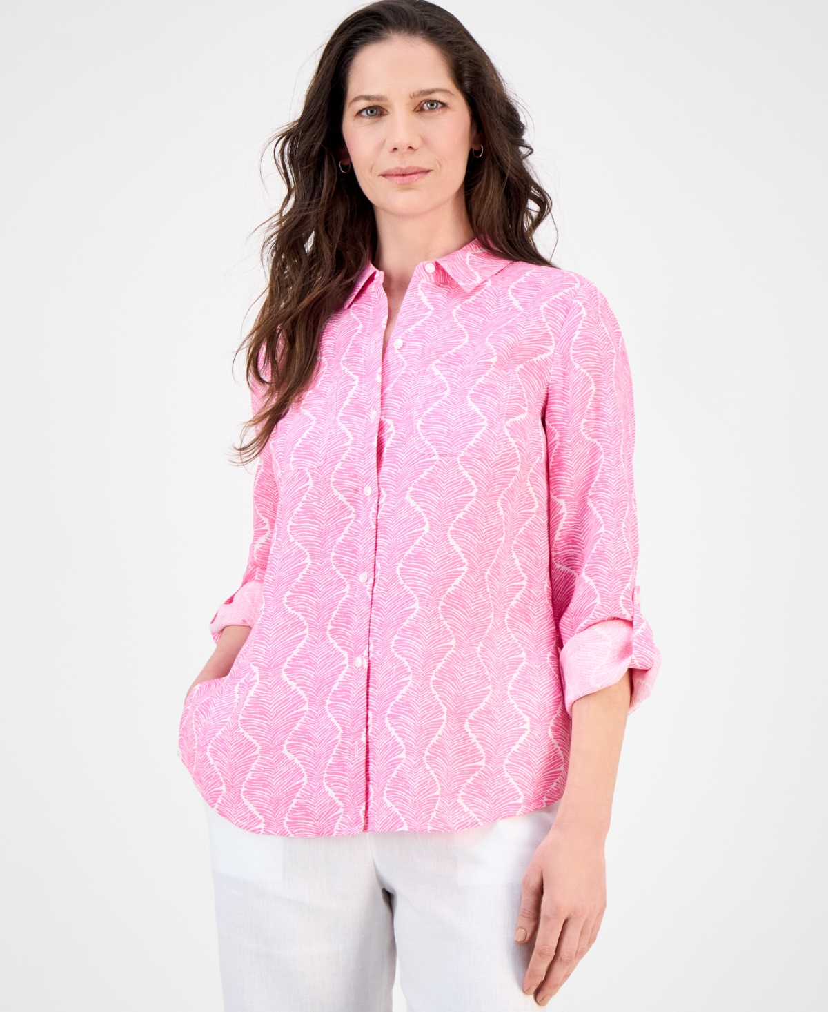 CHARTER CLUB PETITE PRINTED ROLL-TAB SHIRT, EXCLUSIVELY AY MACY'S 
