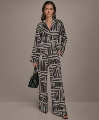 Womens Printed Button Down Shirt Wide Leg Pants