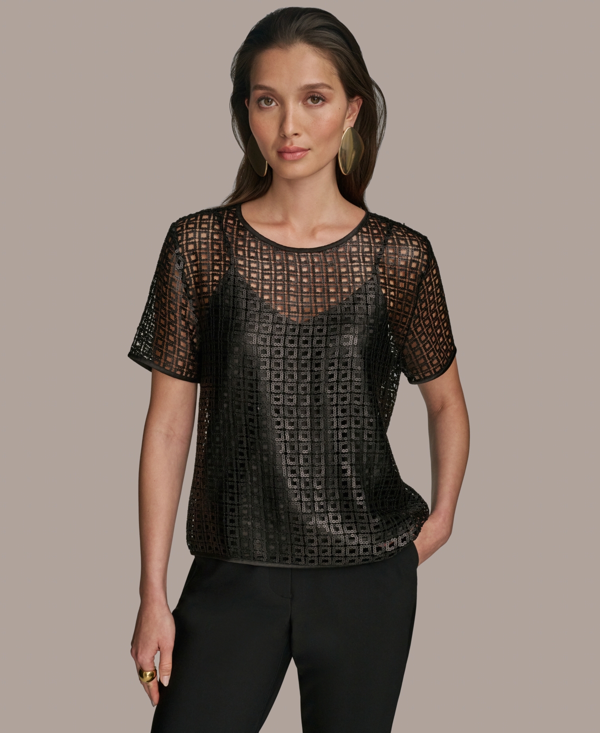 Women's Sequin Mesh Short-Sleeve Top - Black